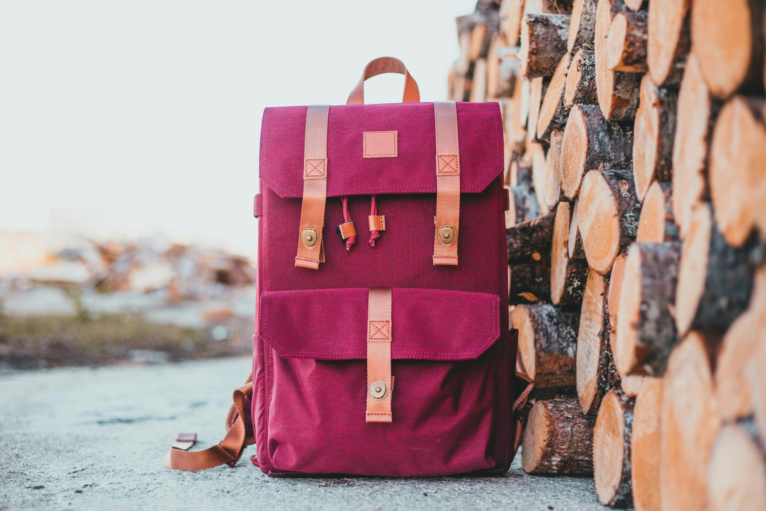 Pink backpack with leather straps next to stacked firewood, showcasing outdoor adventure gear.